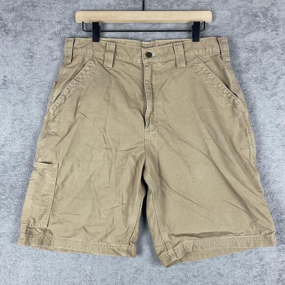 Carhartt Work Shorts Mens 32 Khaki Brown Loose Fit Cargo Utility Carpenter - Picture 1 of 11